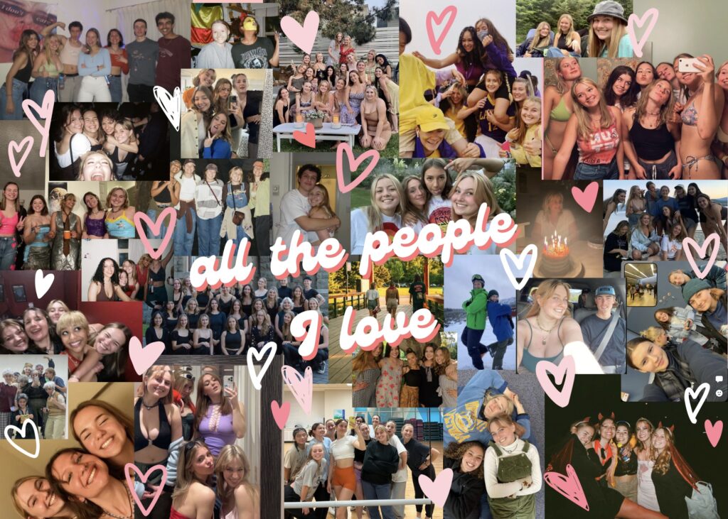 a collage of all my friends and my family with the text "all the people I love" in the centre and hand drawn pink and white hearts scattered throughout the collage