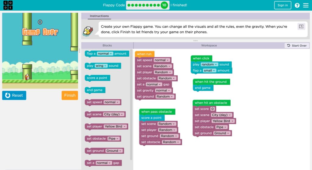 This is a screenshot showing my FlappyBird game I designed using Code.org. It shows my 5 chains of code and the game in the top left corner.