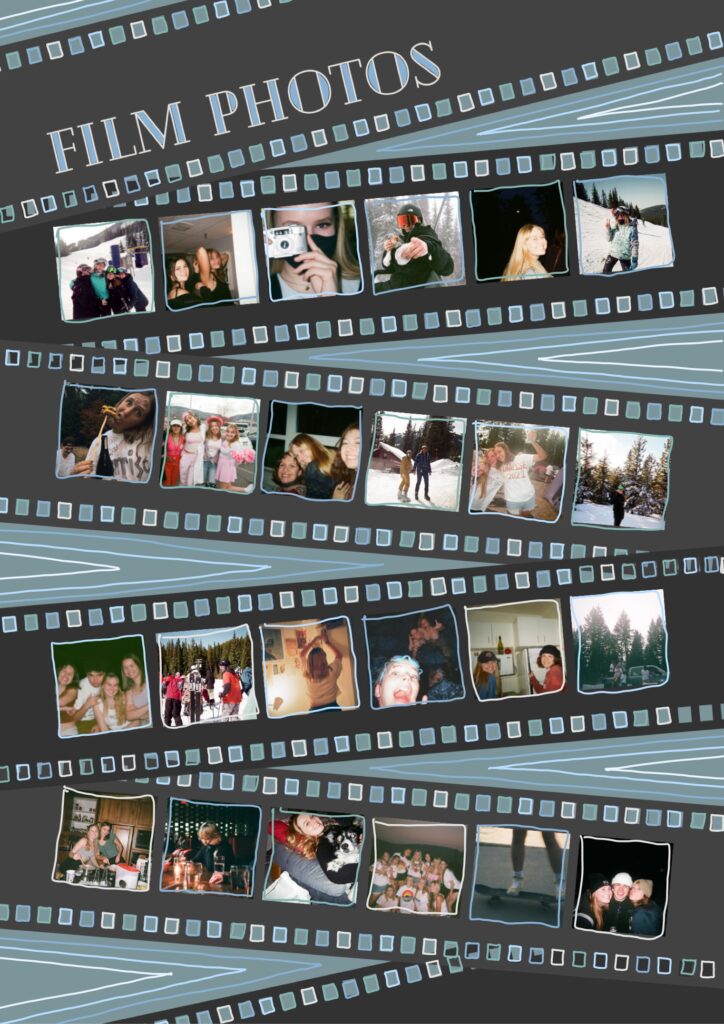 A photo of 4 strips of film. each containing 6 film photos on a blue background with drawn stripes.